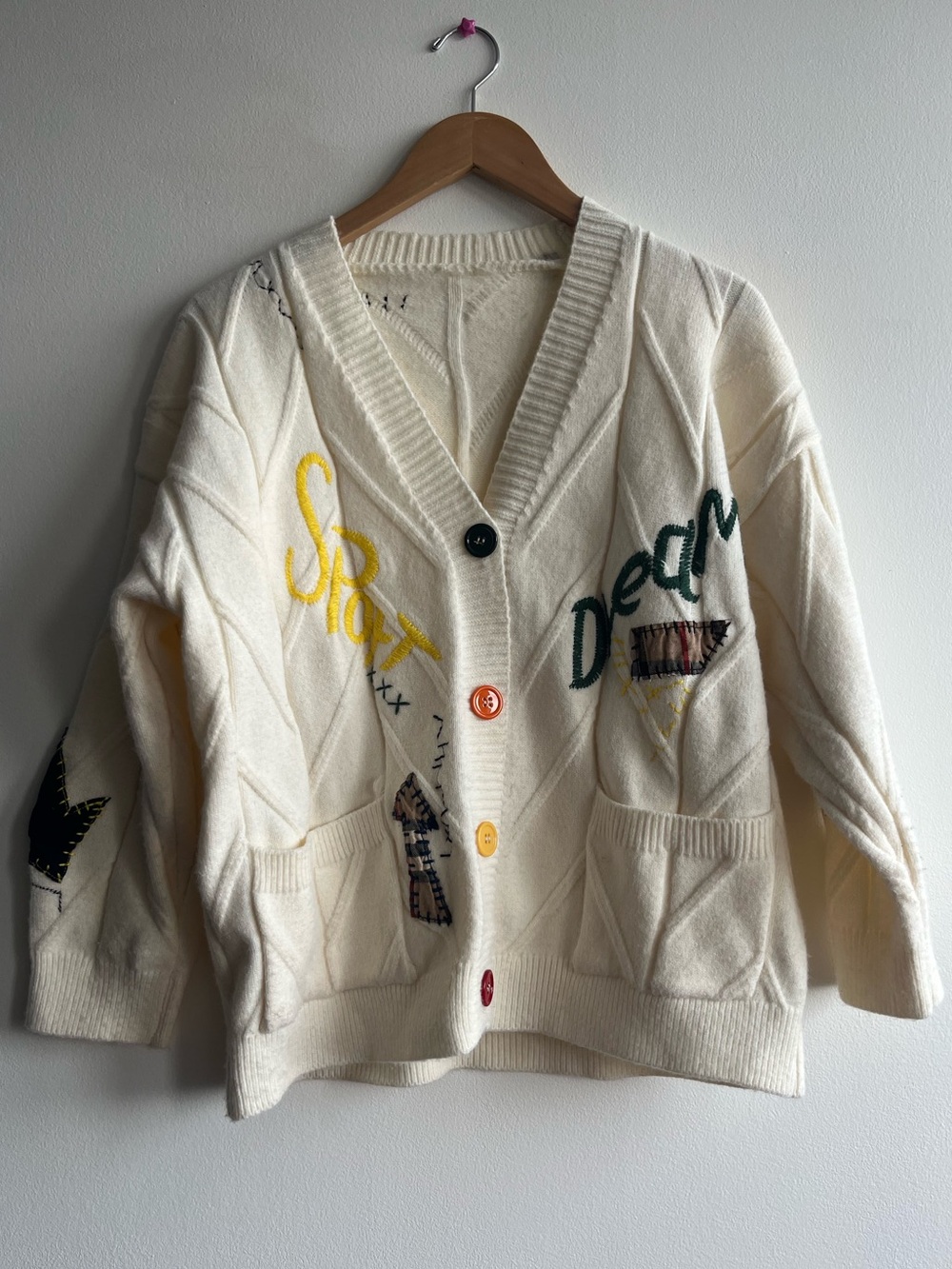 Whimsical Cozy Cream Embroidered Button-Front Women's Cardigan Sweater Size S-M
